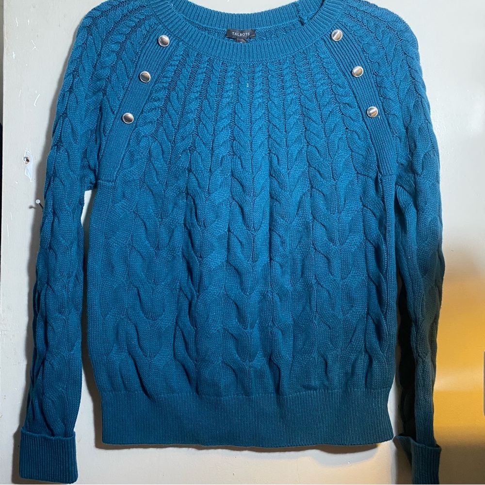 Talbots Teal Cable-Knit Crew Sweater with Button Accents
